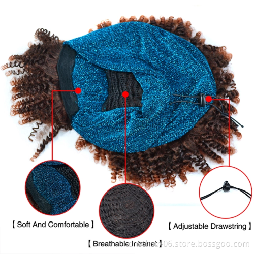 Afro Puff Turban Synthetic Wig Short Kinky Curly Headwrap Drawstring Wrap-wig 2 in 1 Updo Head-Wrap Wig for African American